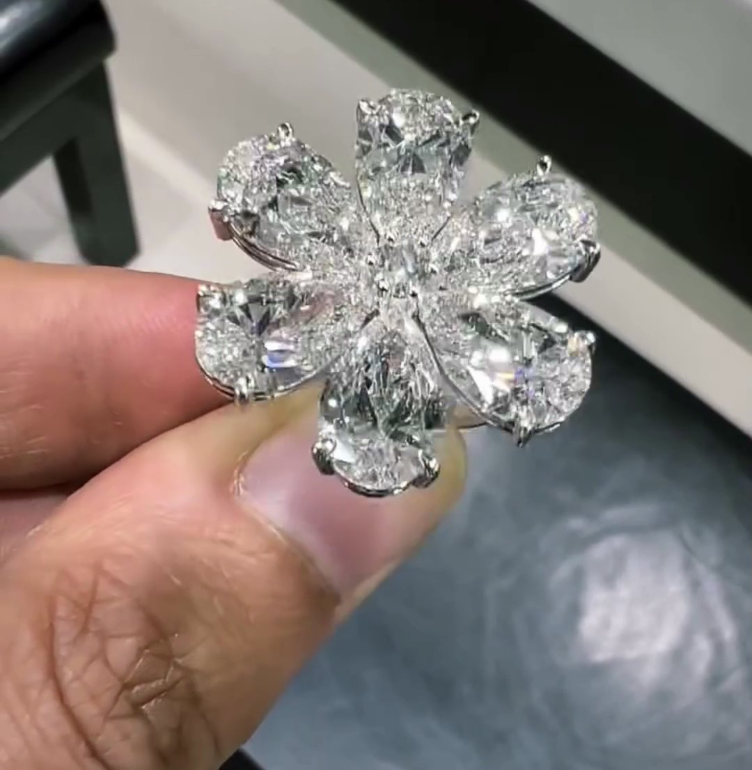2 Carat(total 12ct) Pear Shape Diamond Flower Ring | Unique Cluster Design.