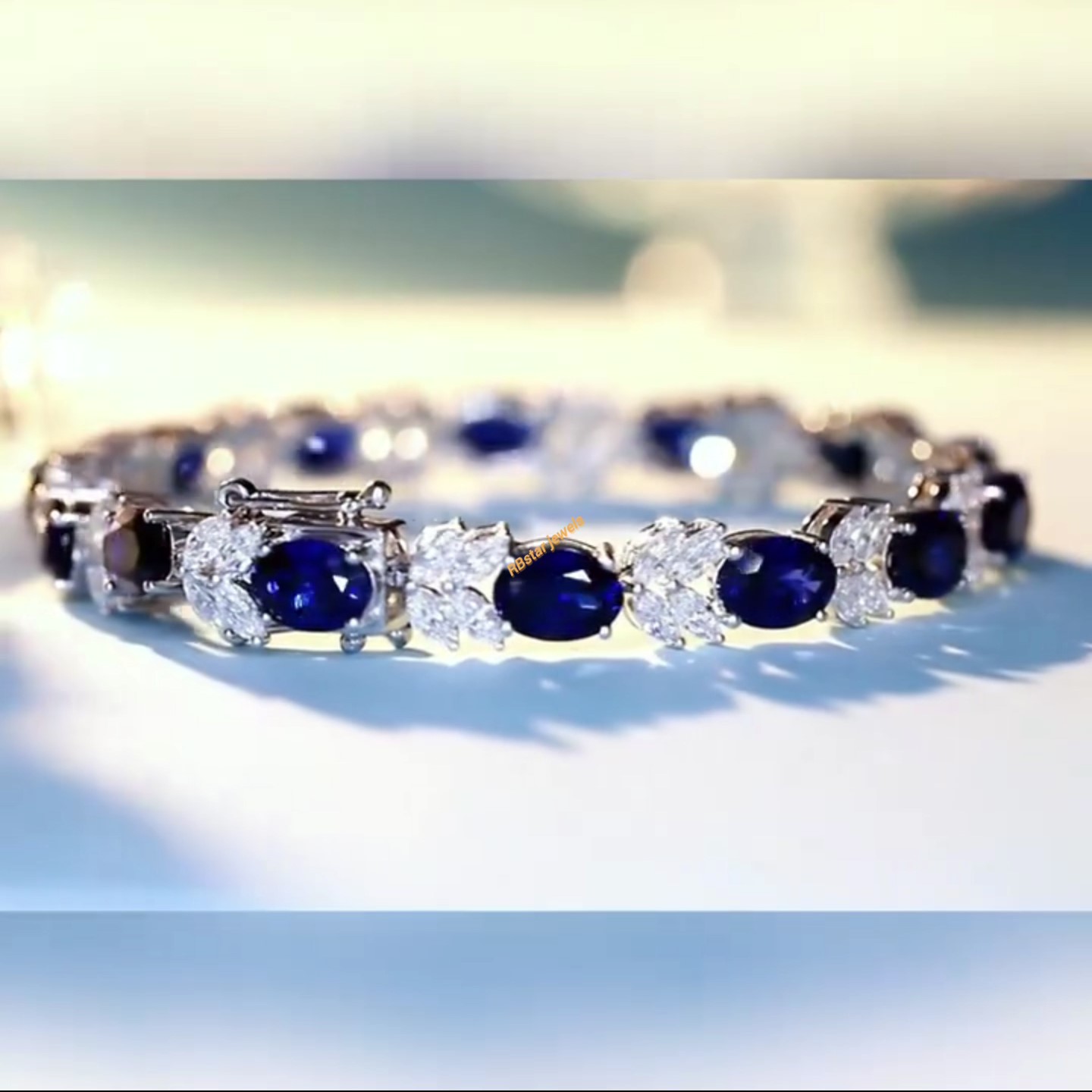 Elegant Blue Sapphire Bracelet with Marquise Cut Diamonds – Luxury Handmade Gemstone Jewelry