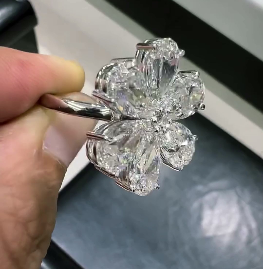 2 Carat(total 12ct) Pear Shape Diamond Flower Ring | Unique Cluster Design.