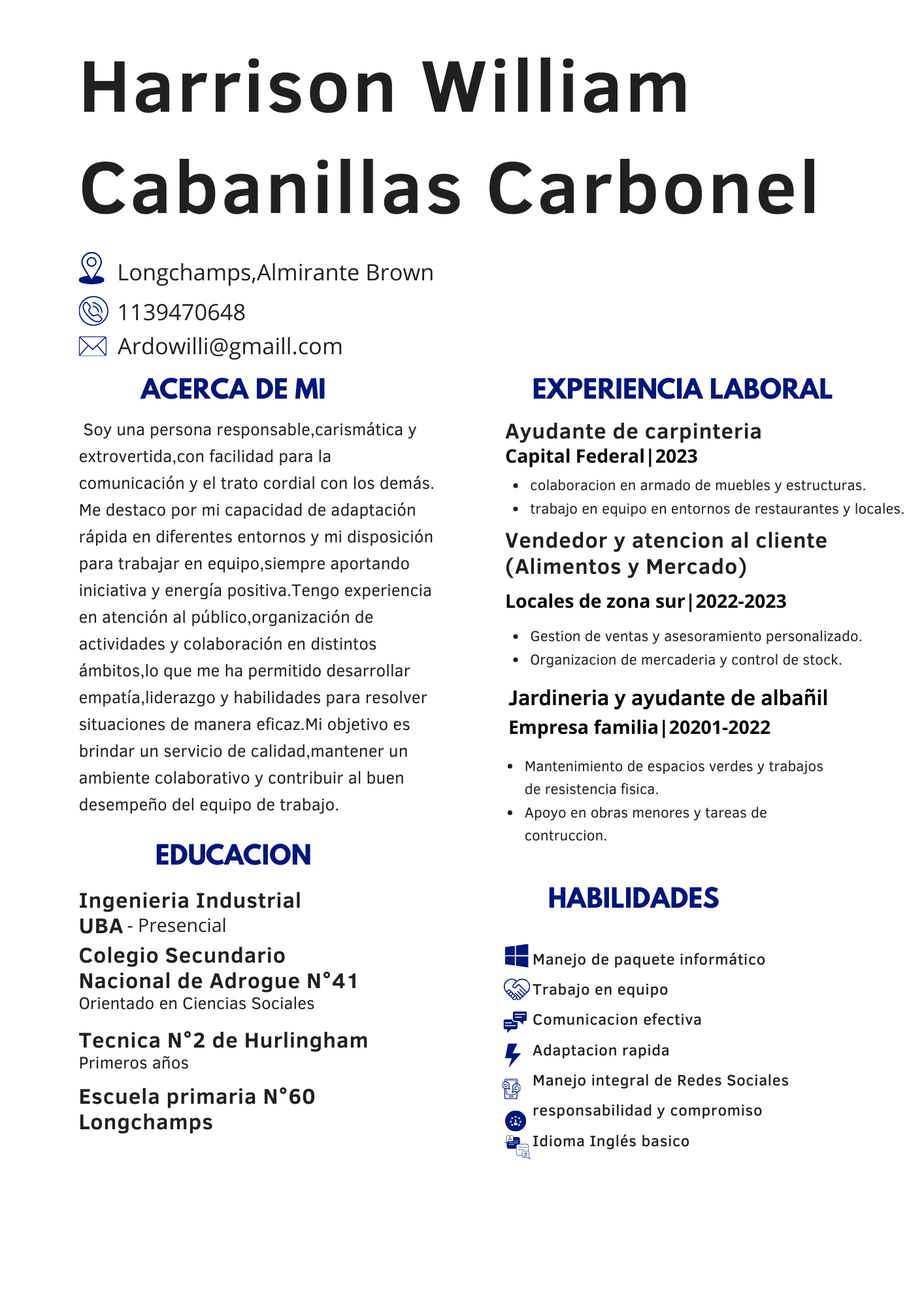 Professional Resume of Harrison William Cabanillas Carbonel