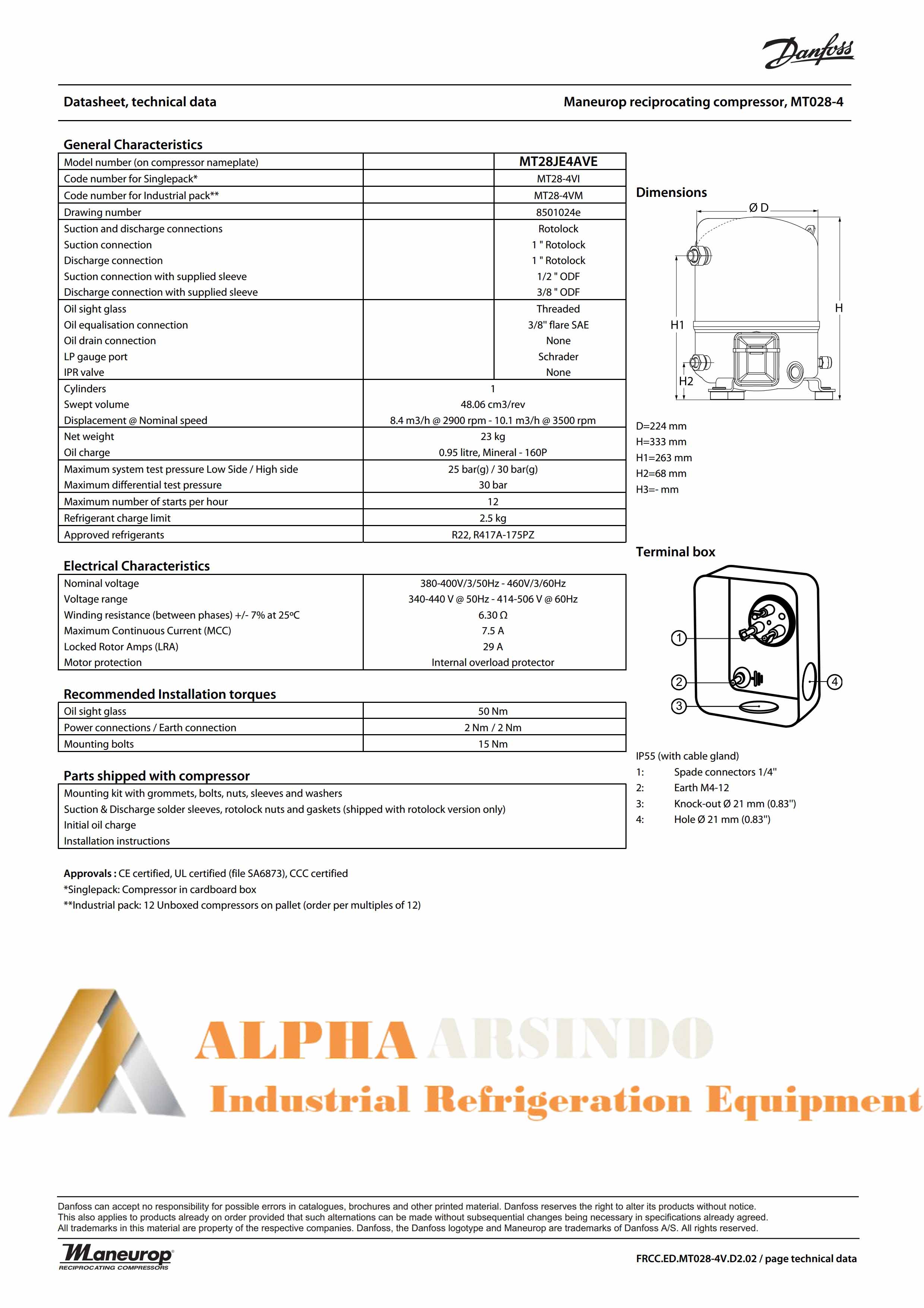 Danfoss MT28JE4AVE Refrigeration Compressor