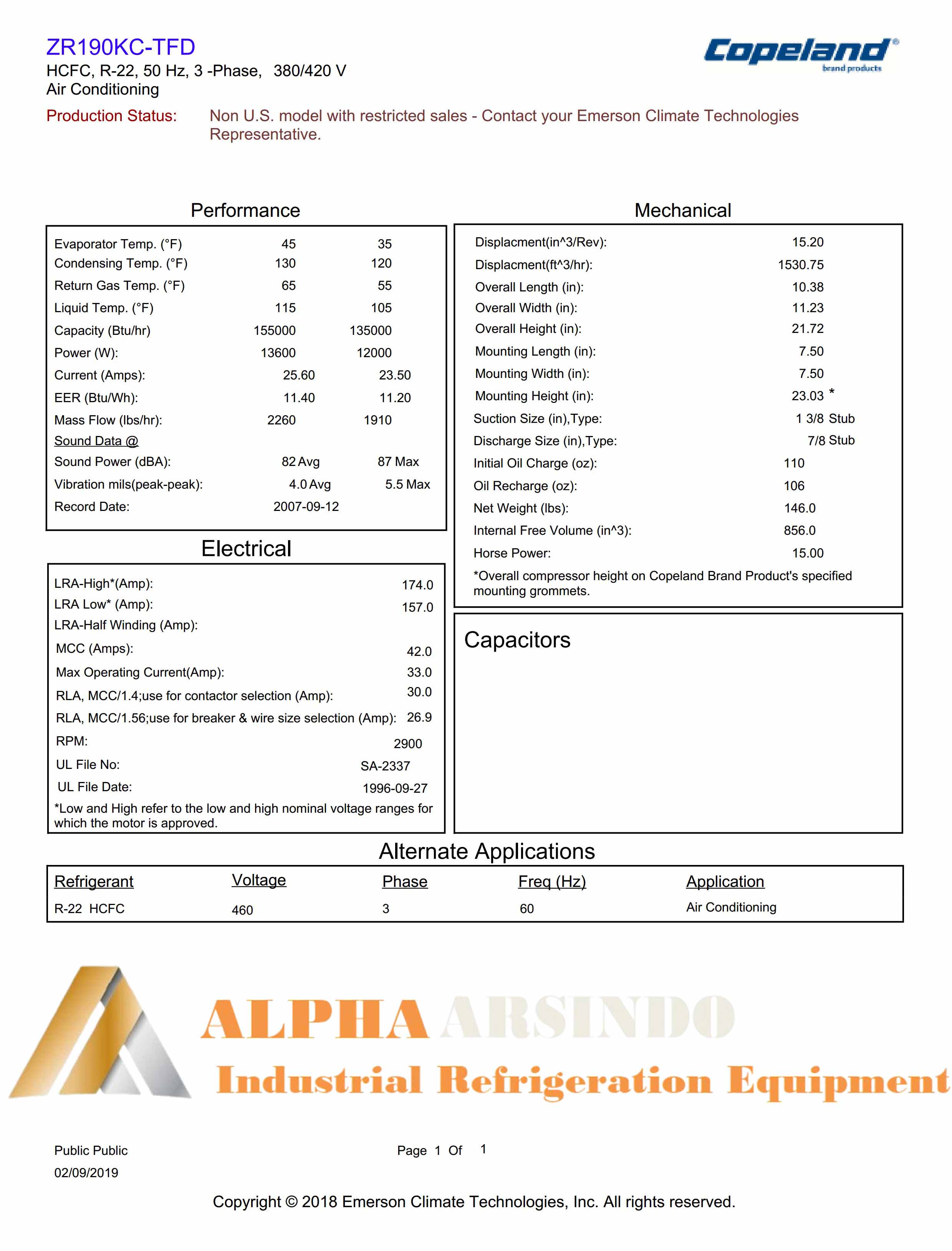 Copeland Scroll Compressor ZR190KC-TFD-425