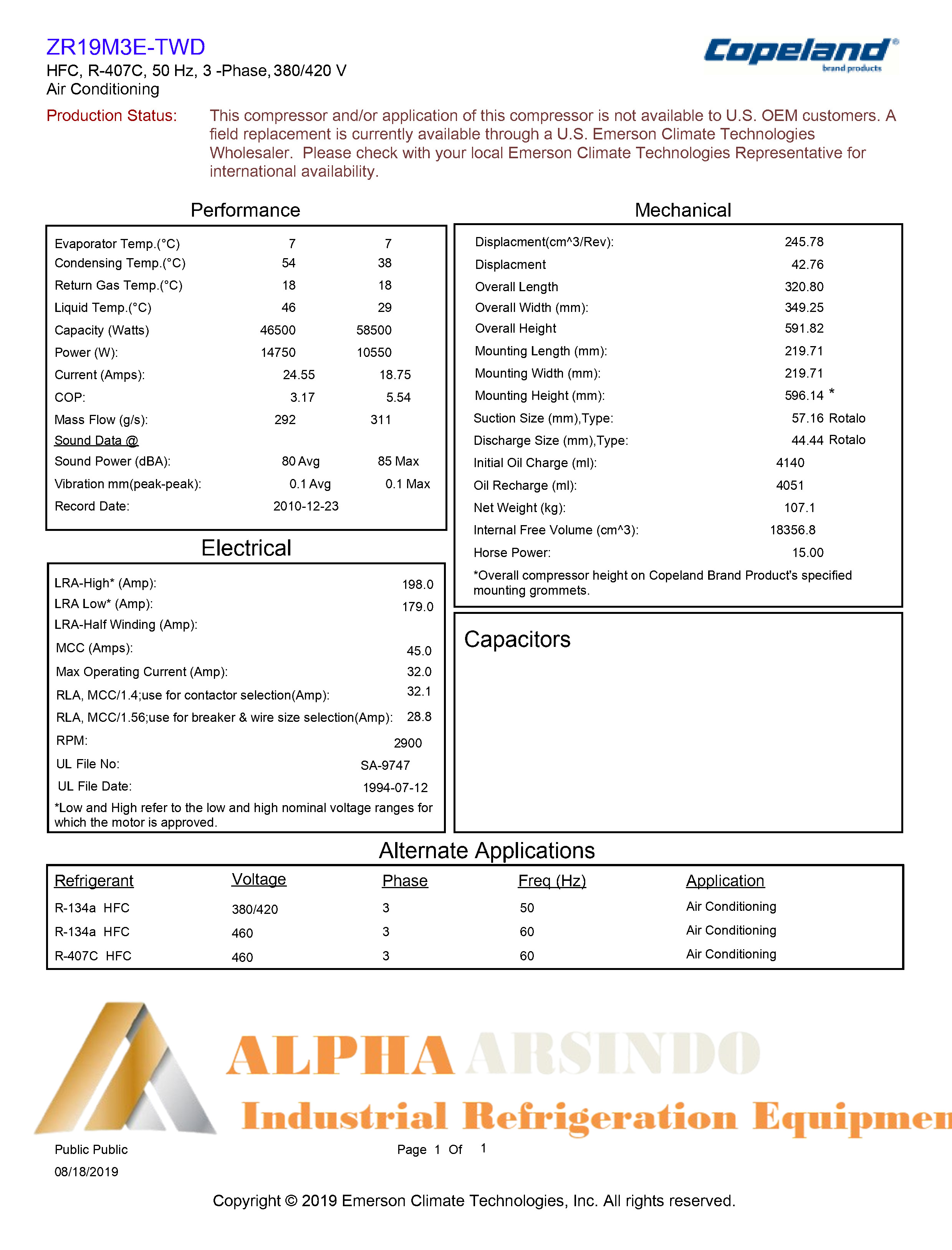 Copeland Scroll Compressor ZR19M3E-TWD-522