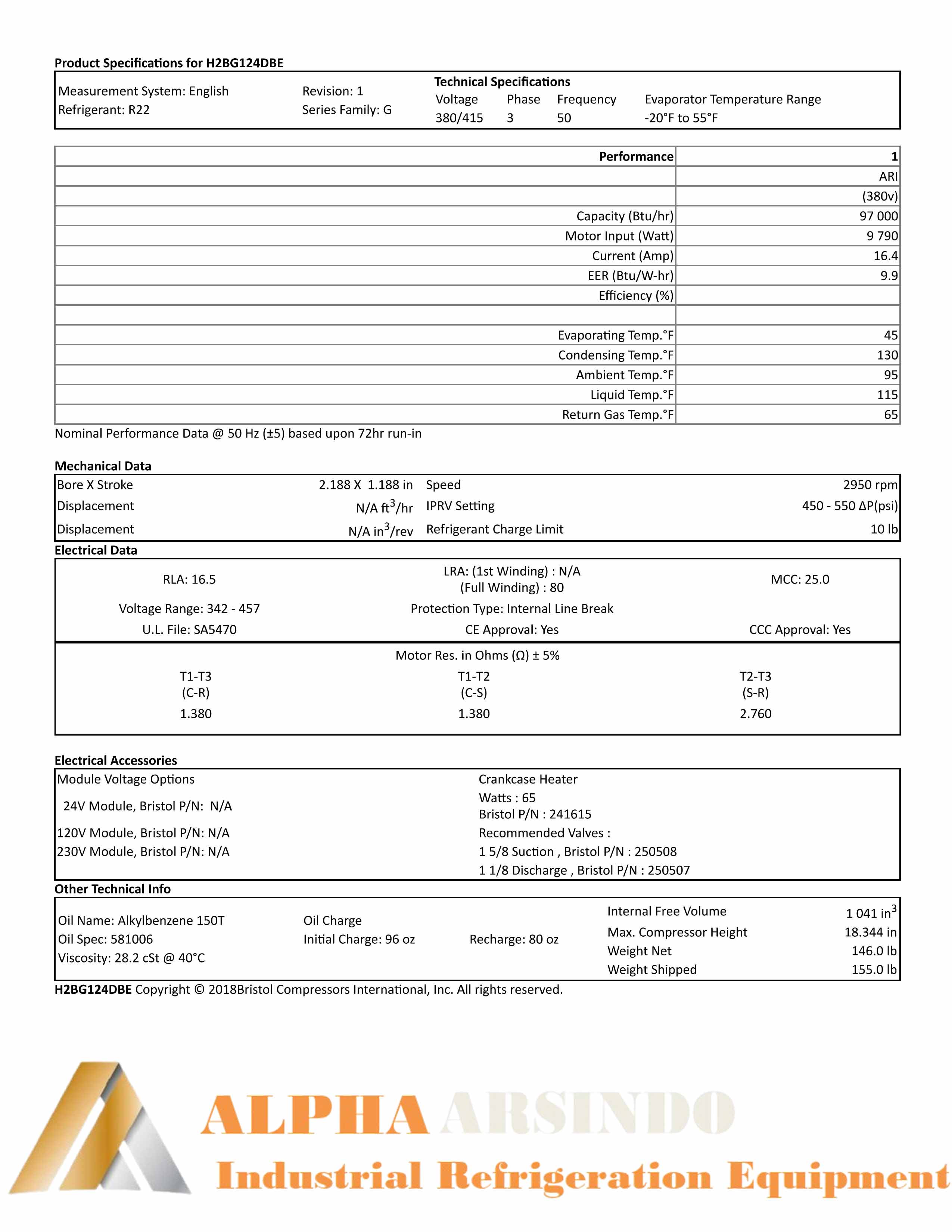 Bristol Compressor H2BG124DBEE