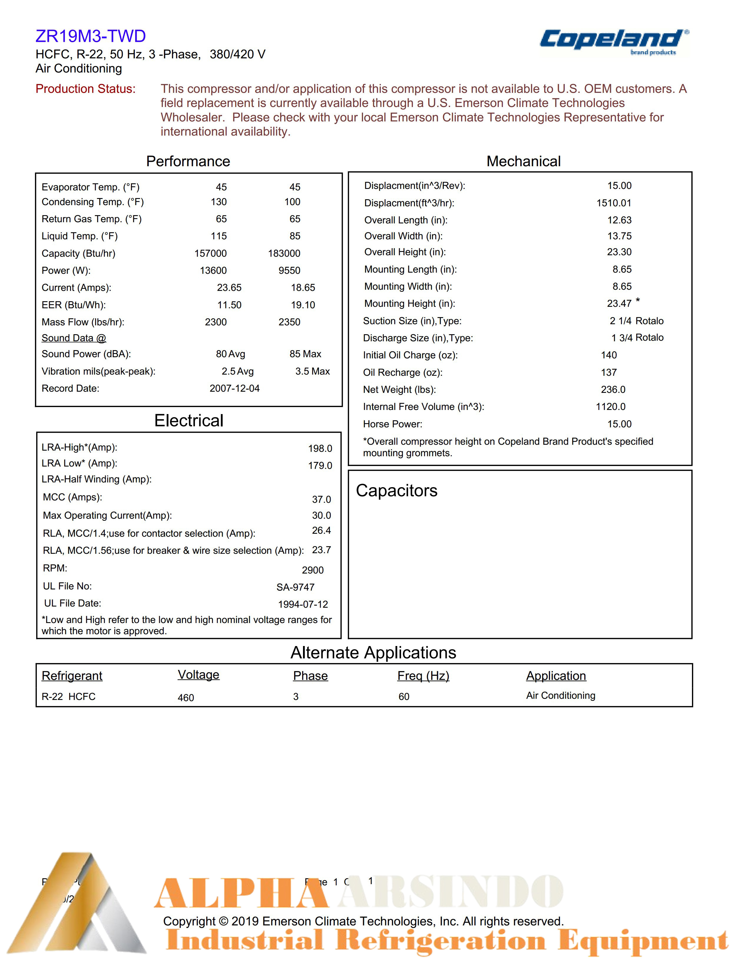 Copeland Scroll Compressor ZR19M3-TWD-522