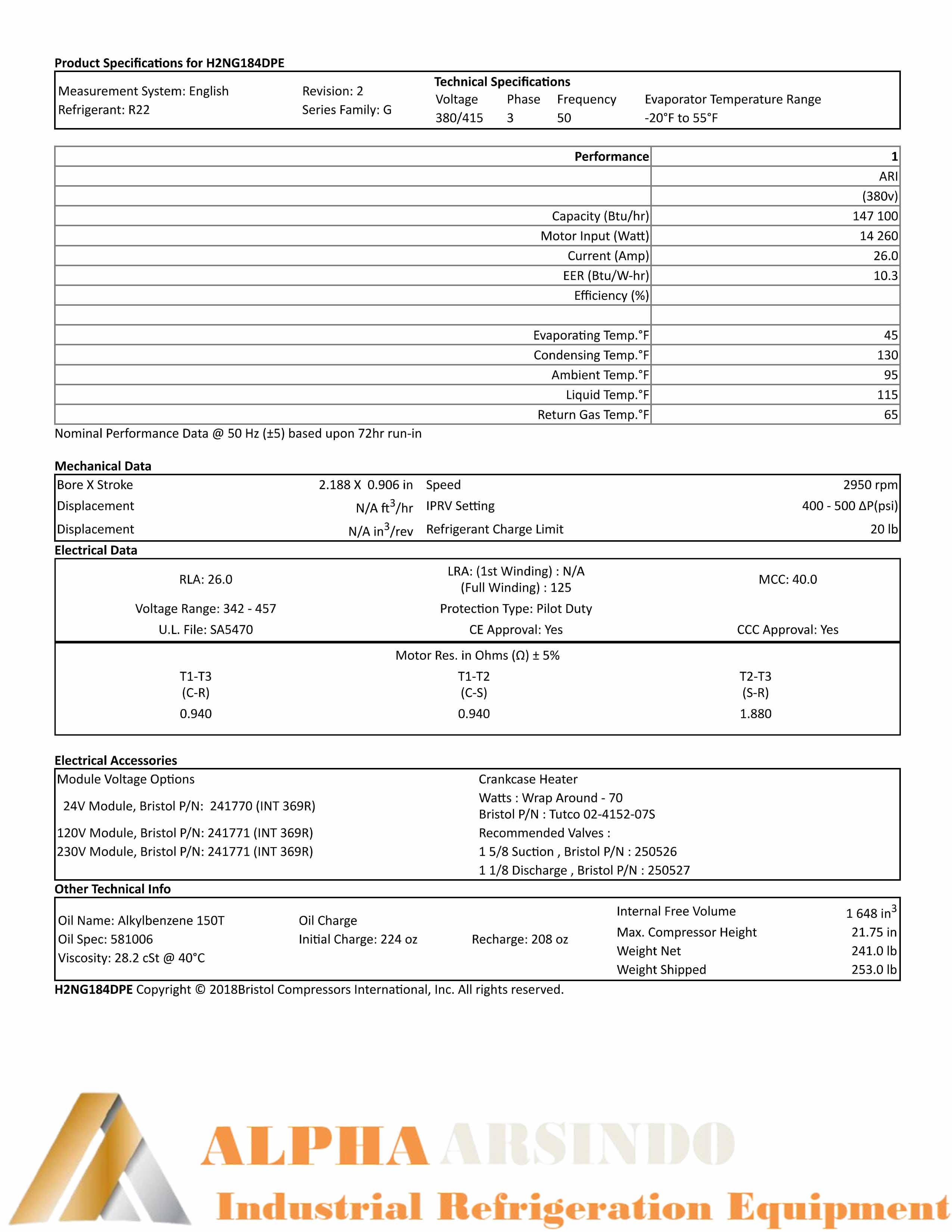Bristol Compressor H2NG184DPEF