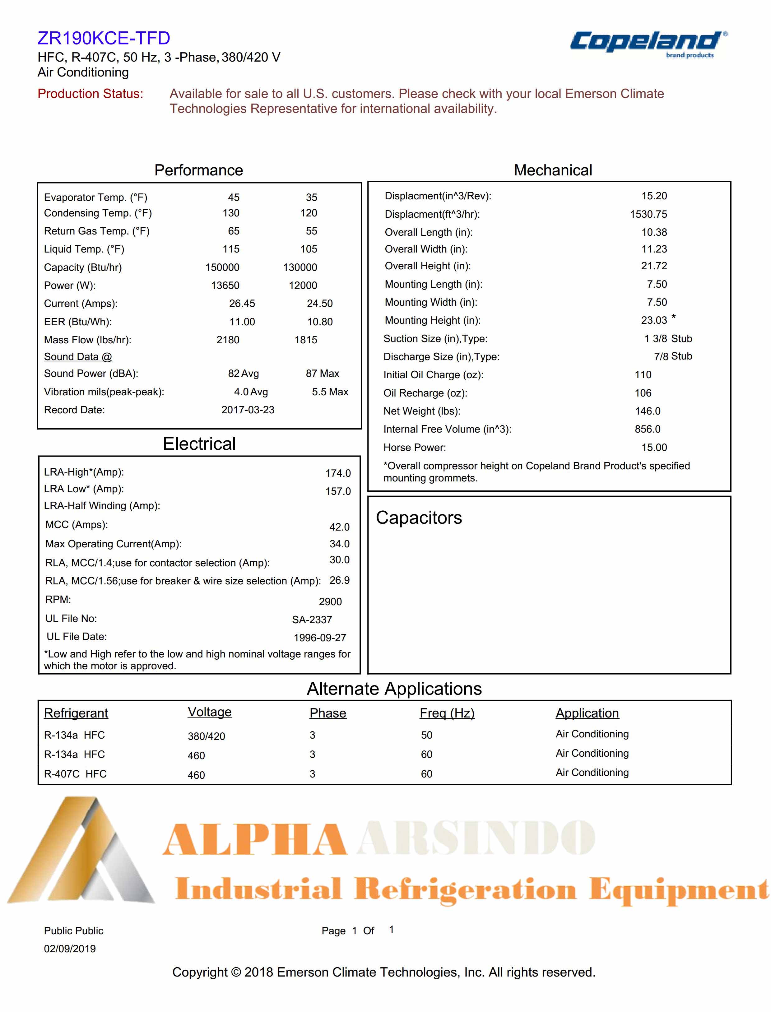 Copeland Scroll Compressor ZR190KCE-TFD-522