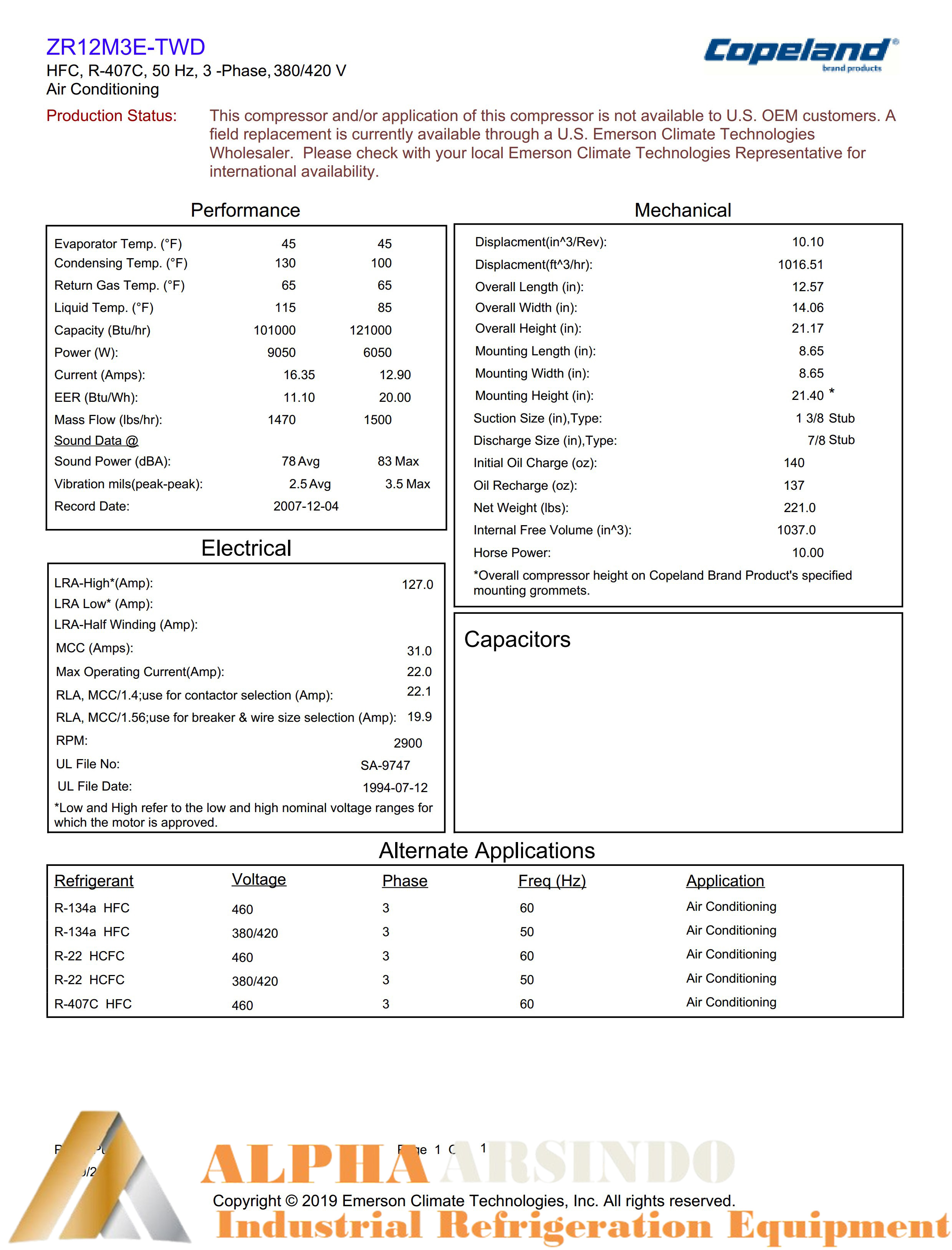 Copeland Compressor ZR12M3E-TWD-551