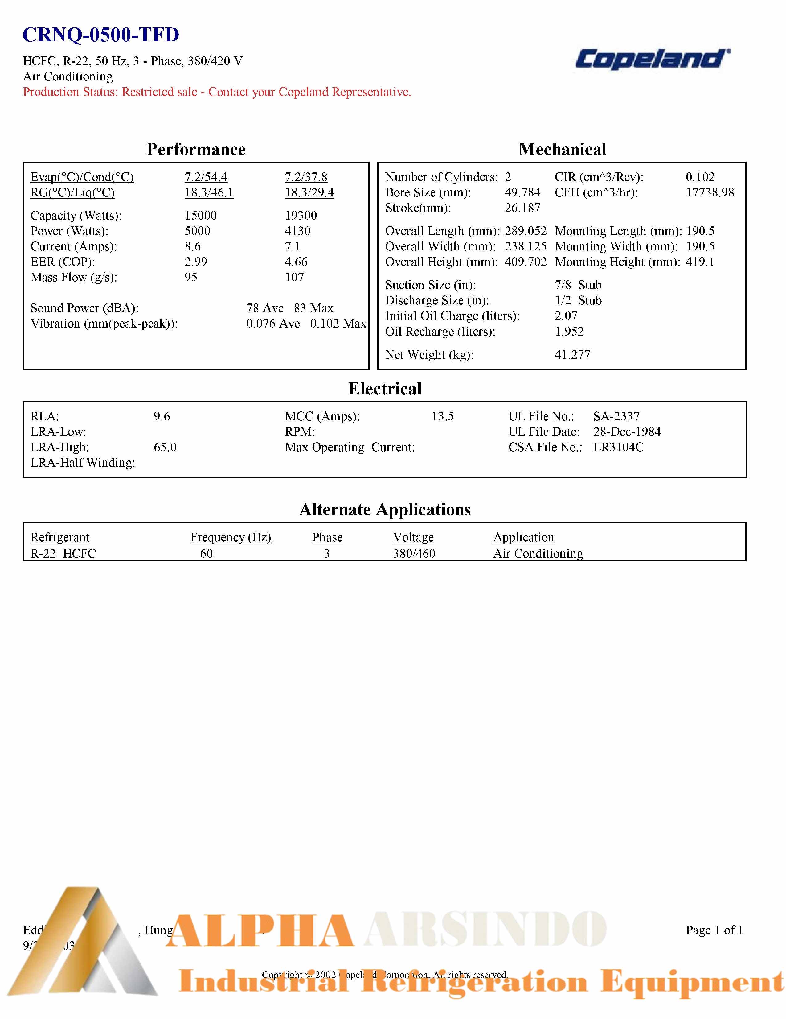 Copeland CRNQ-0500-TFD-522 Refrigeration Compressor