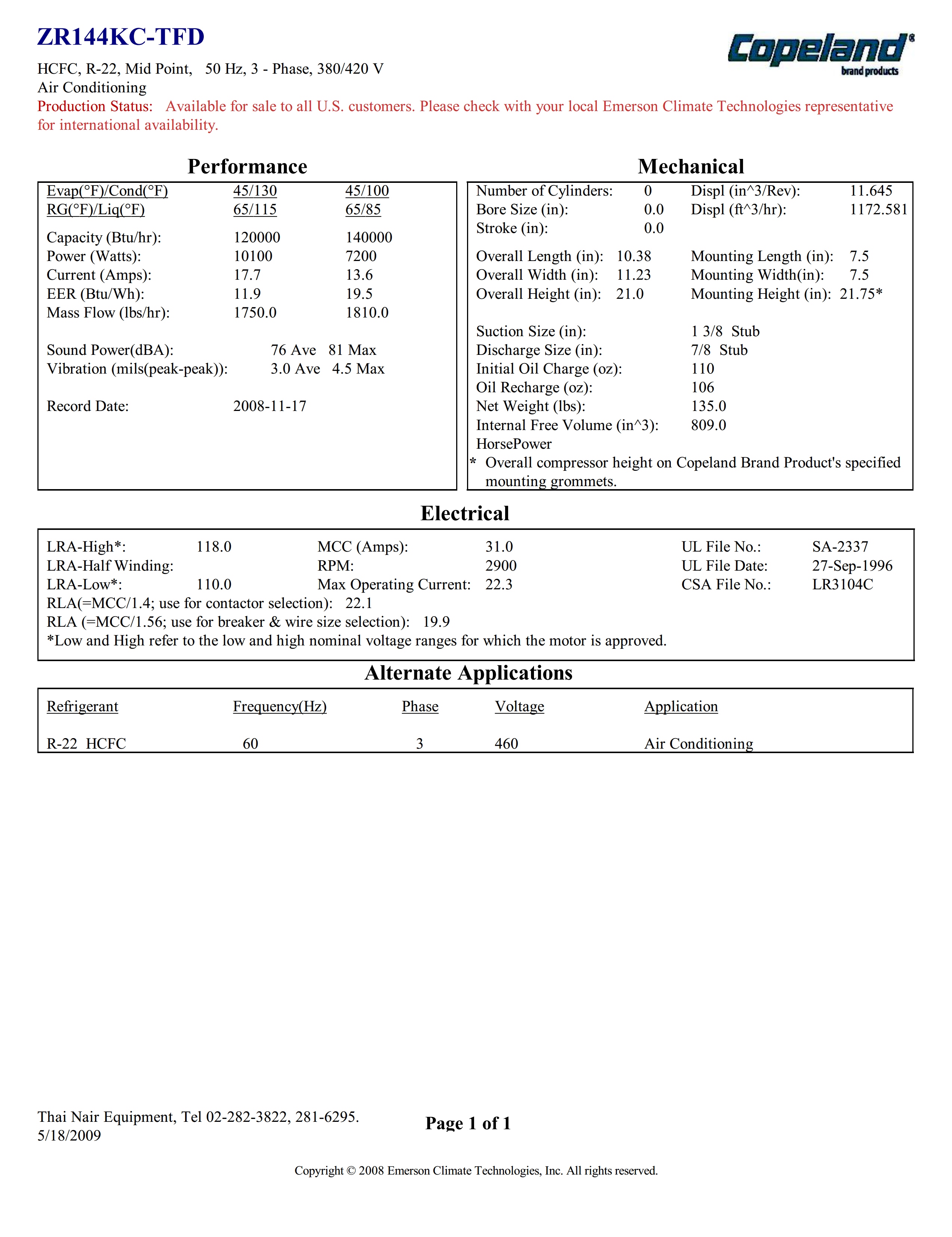 Emerson Copeland Scroll Compressor ZR144KC-TFD-422