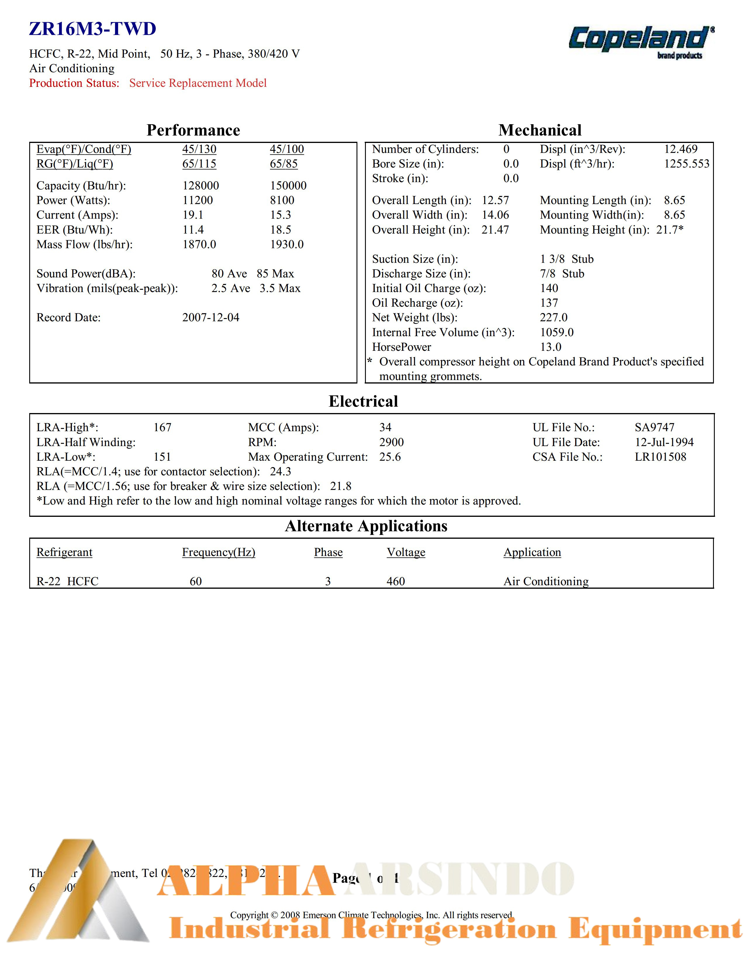 Copeland Scroll Compressor ZR16M3-TWD-522