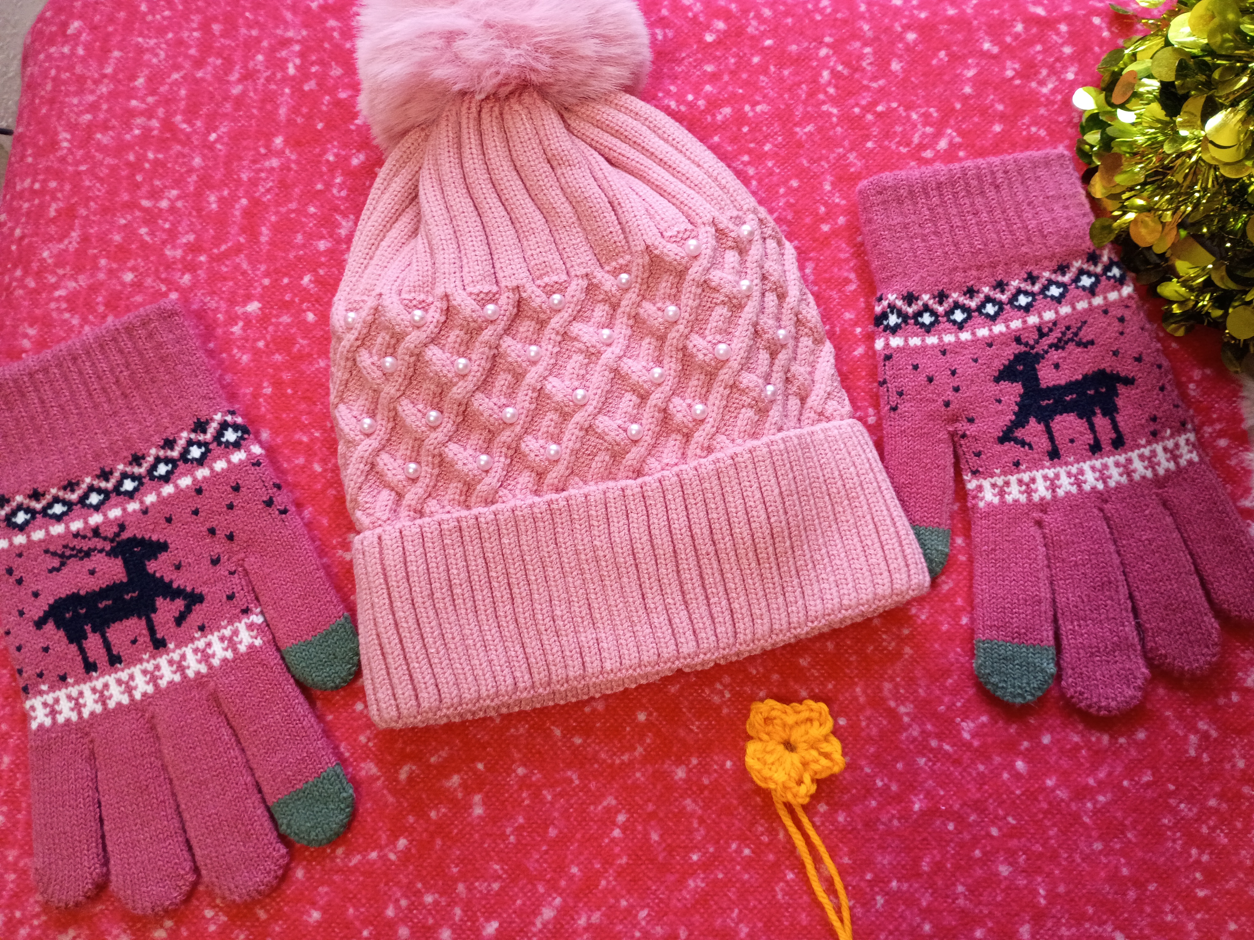 Girl beanie hat set pink beaded & gloves 