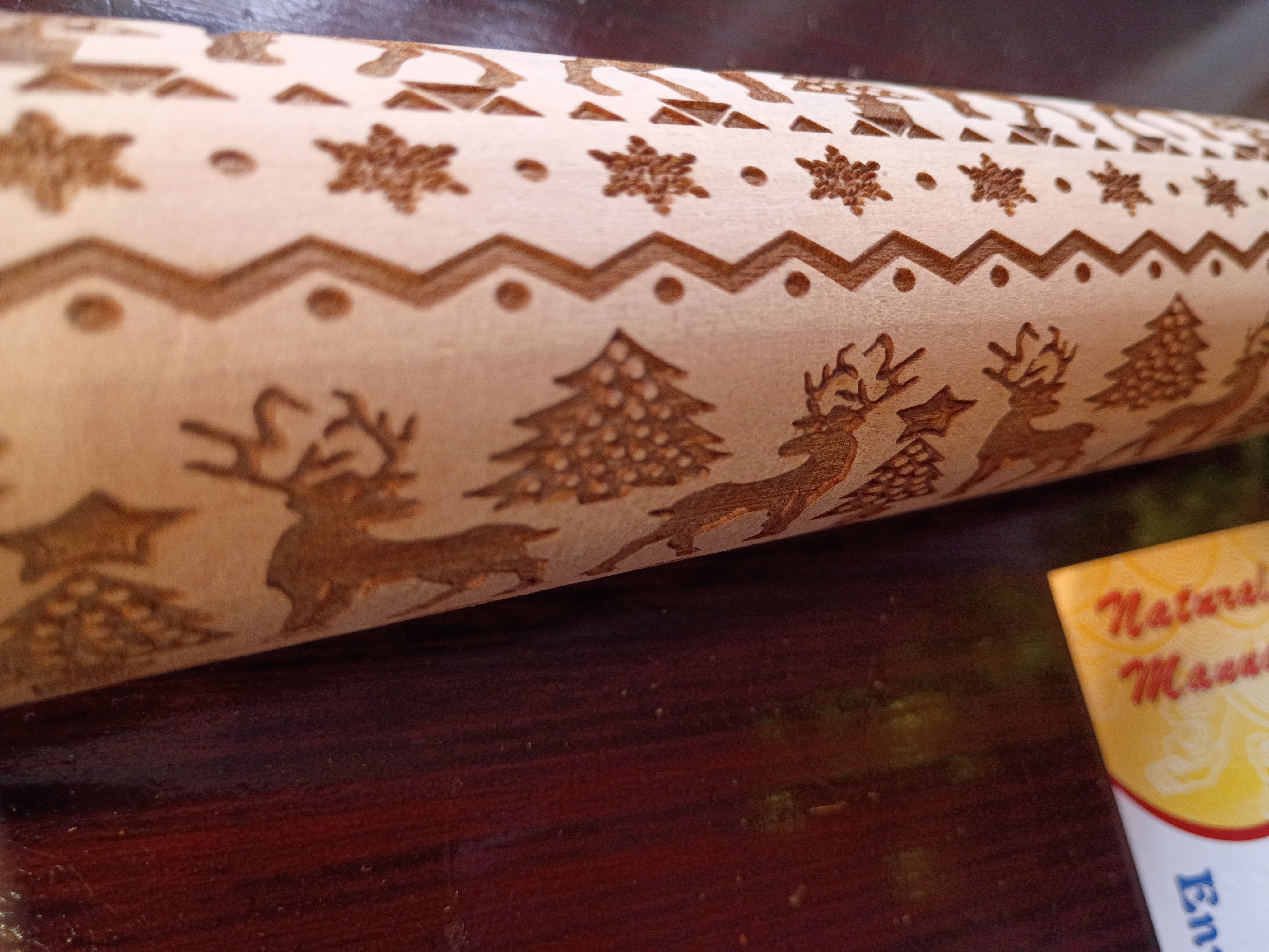 Carved 17 inches long Christmas tree 🎄 raindeer Roller Pin. Cookie maker Wood large size Roller Pin