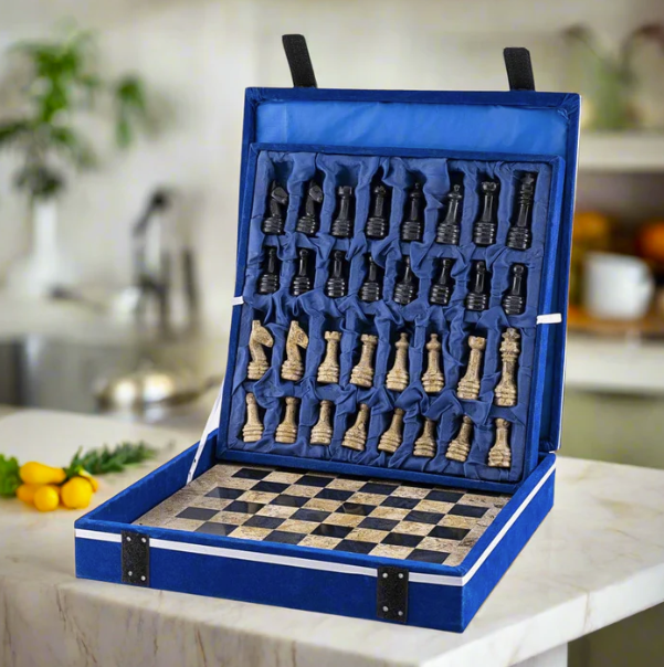 Vibrant Contrast Coral & Black Marble Chess Set