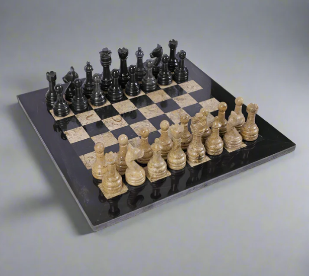 Black And Fossils Marble Chess Set 