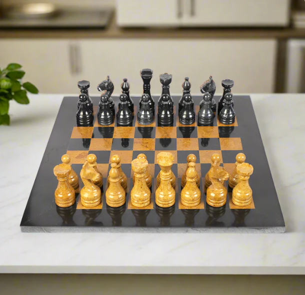 Luxurious Serenity Black & Golden Marble Chess Set