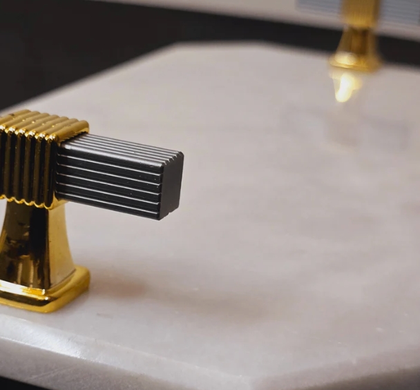 white Marble Facet  tray with brass handles