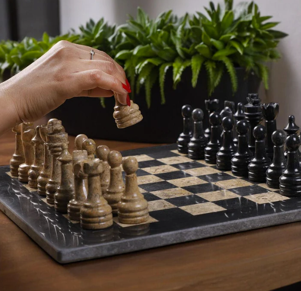 Black And Fossils Marble Chess Set 