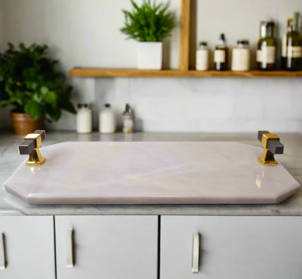 white Marble Facet  tray with brass handles