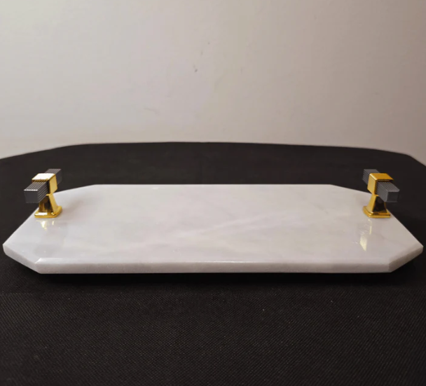 white Marble Facet  tray with brass handles