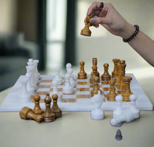 Bold and Dramatic White & Brown Marble Chess Set