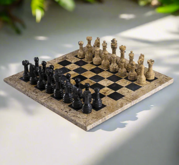 Vibrant Contrast Coral & Black Marble Chess Set