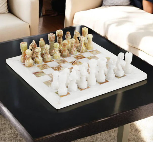 Luxurious and Timeless White  Green  Onyx Marble Chess Set