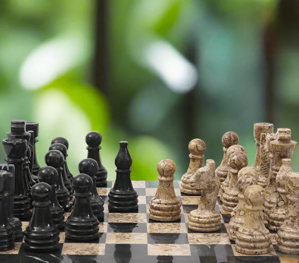 Vibrant Contrast Coral & Black Marble Chess Set