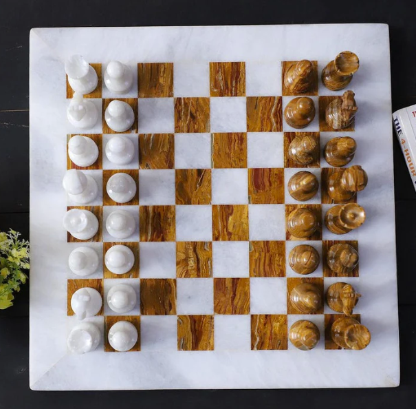 Bold and Dramatic White & Brown Marble Chess Set