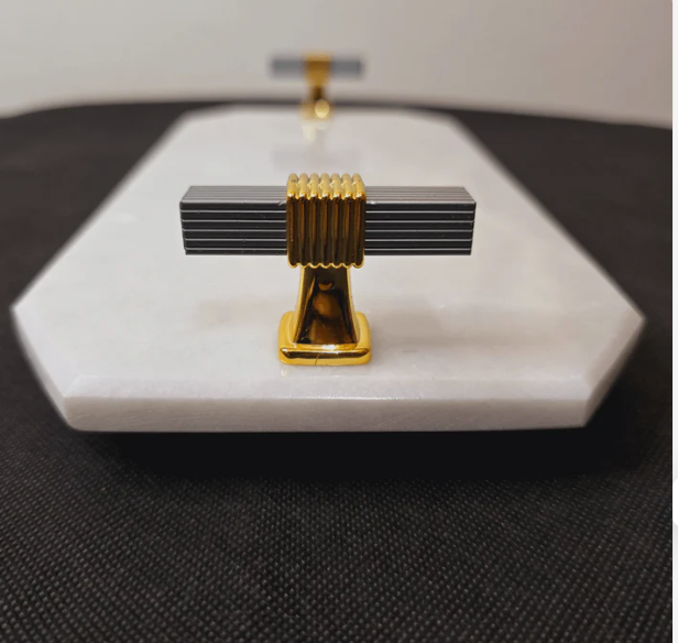 white Marble Facet  tray with brass handles
