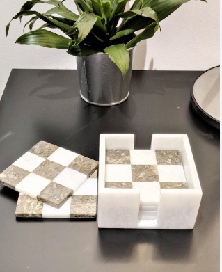 White Marble Checked Pattern Coaster Set