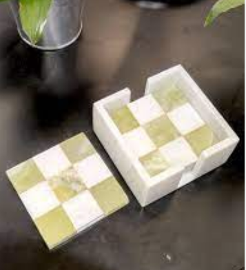 White Marble Green Onyx  Checked Coasters Set