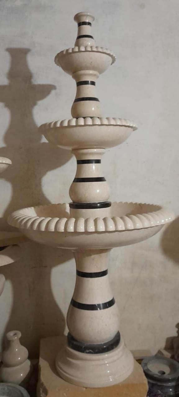 Rabbit Cream Three-Tier Garden Fountain with Black Ring 