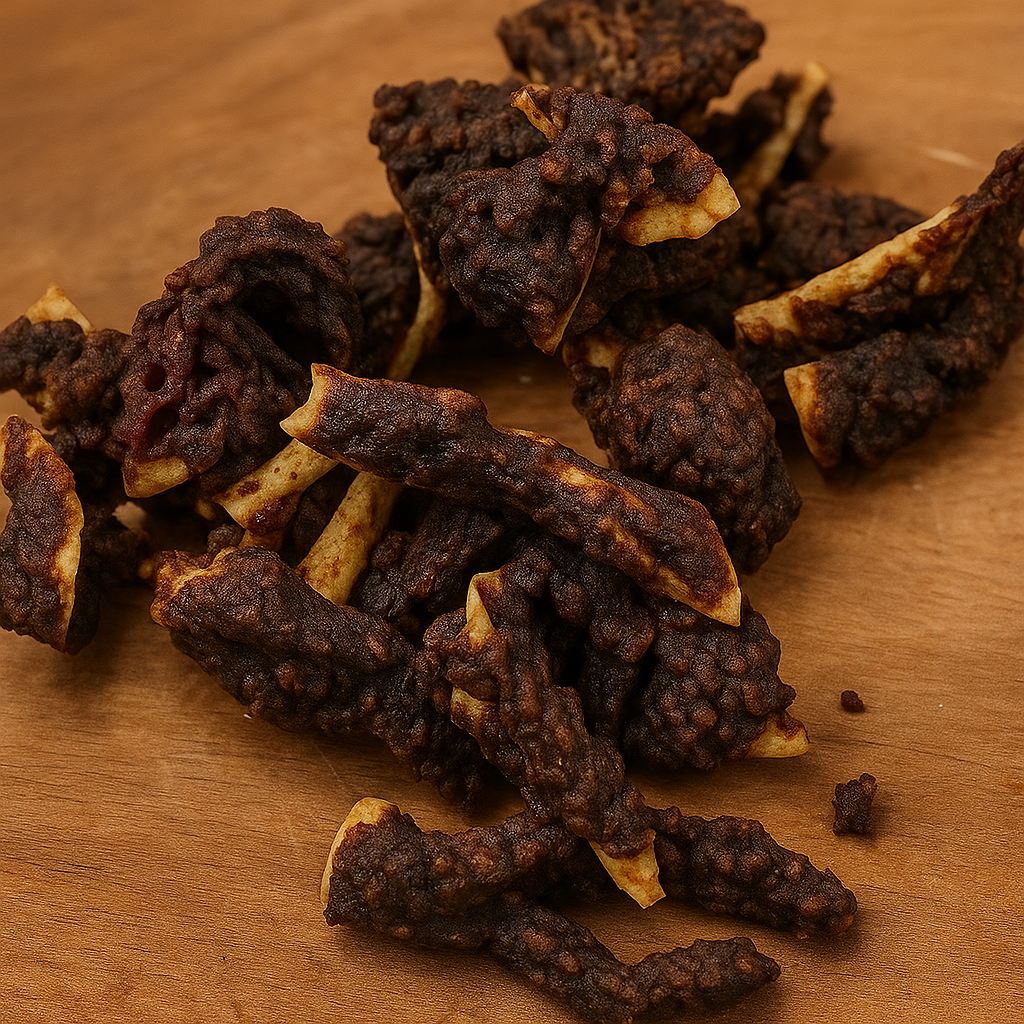 Carnaza con costra hígado. cuidadosamente cubierto con costra de higadito deshidratado