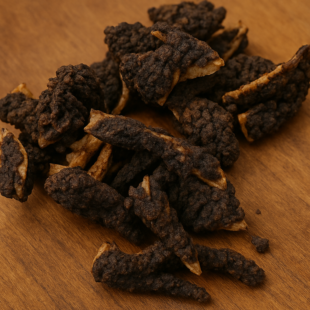 Carnaza con costra hígado. cuidadosamente cubierto con costra de higadito deshidratado