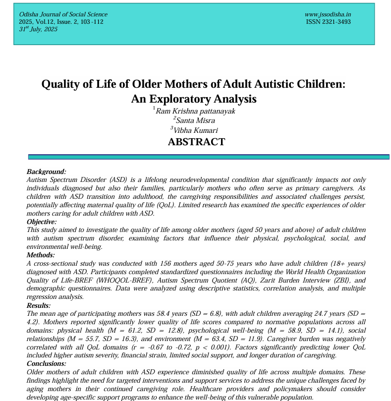 Quality of Life of Older Mothers of Adult Autistic Children: An Exploratory Analysis
