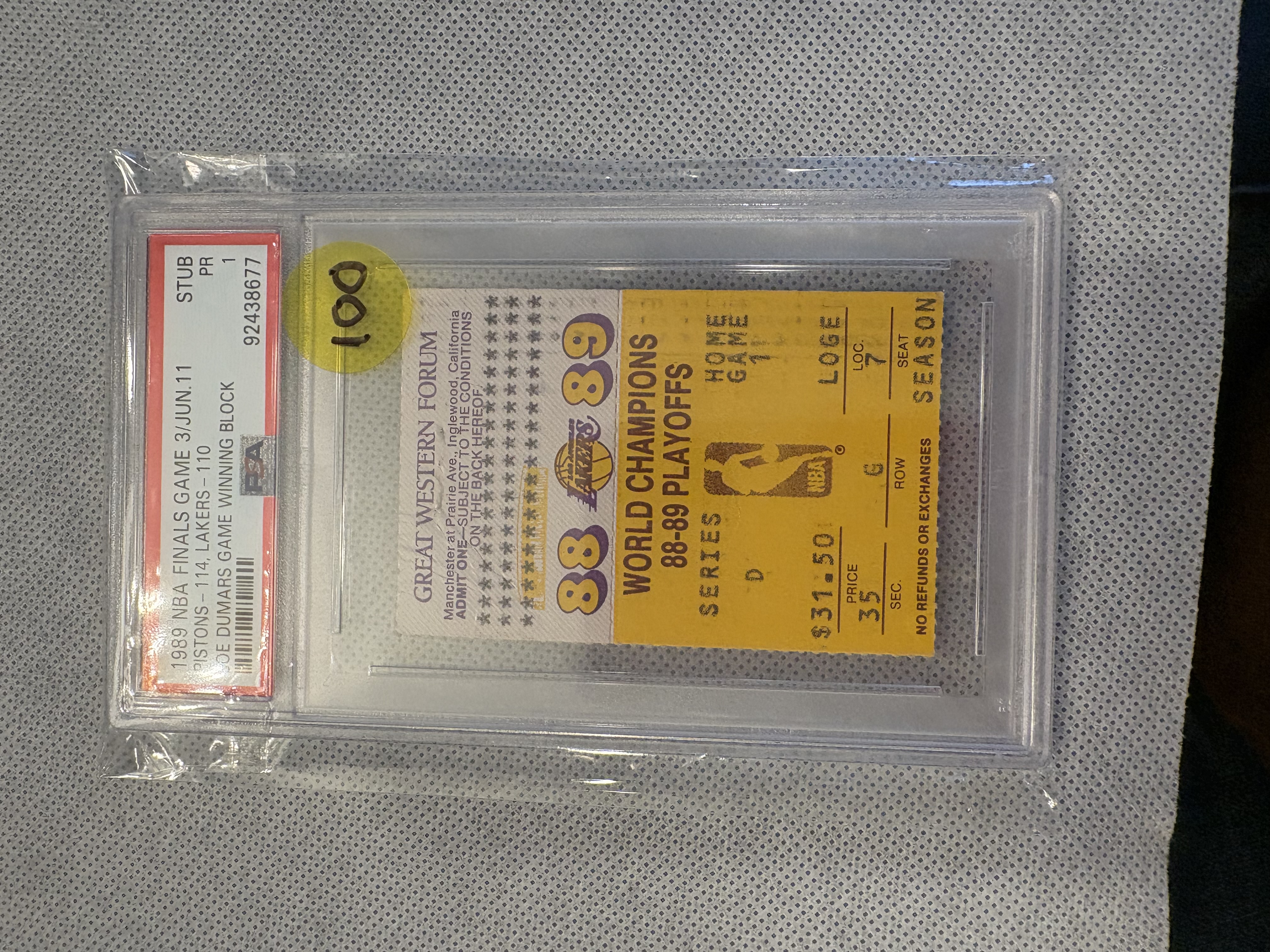 1989 PISTONS @ LAKERS NBA FINALS GAME 3 TICKET DUMARS GAME WINNING BLOCK PSA