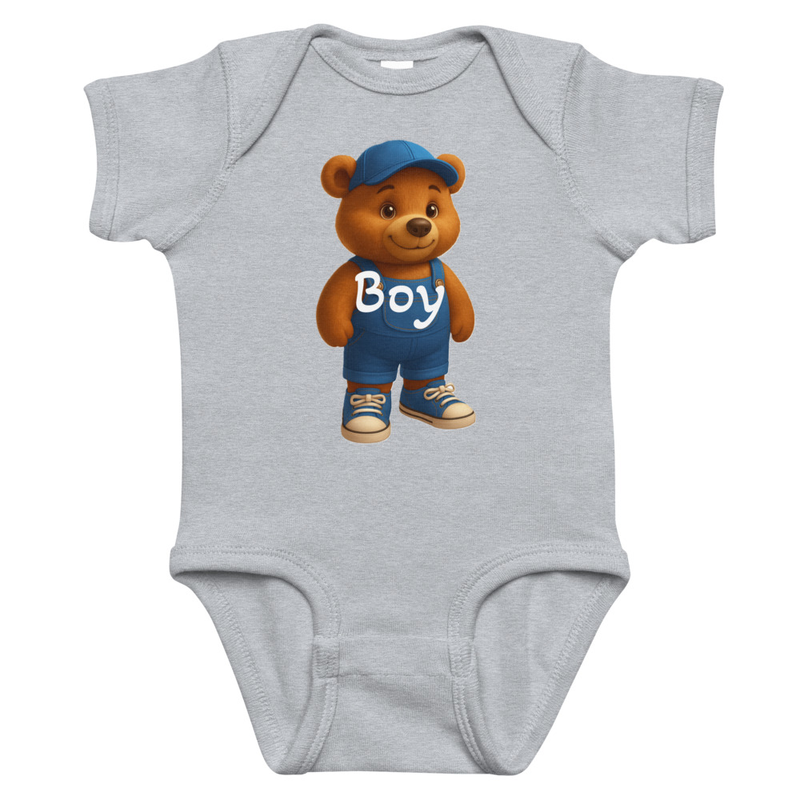 Infant bodysuit//Meet the cutest buddy you’ll ever wear! This adorable brown bear—rocking bright blue overalls, a matching cap, and little sneaker kicks—brings pure happiness to every outfit. With his