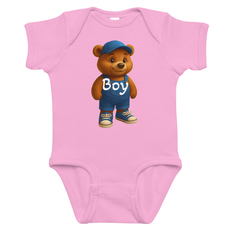 Infant bodysuit//Meet the cutest buddy you’ll ever wear! This adorable brown bear—rocking bright blue overalls, a matching cap, and little sneaker kicks—brings pure happiness to every outfit. With his