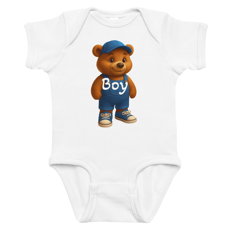 Infant bodysuit//Meet the cutest buddy you’ll ever wear! This adorable brown bear—rocking bright blue overalls, a matching cap, and little sneaker kicks—brings pure happiness to every outfit. With his