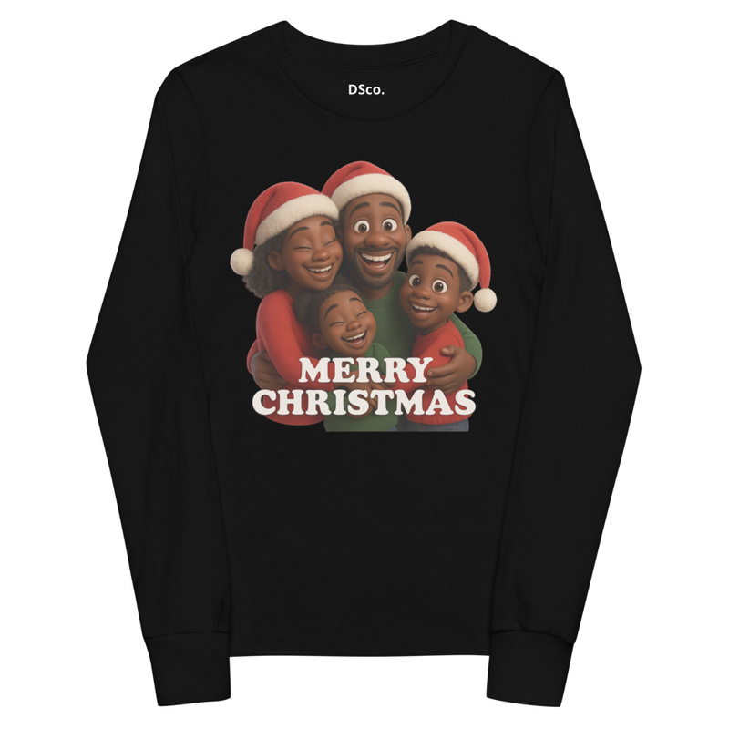 Youth long sleeve tee/ This heartwarming Pixar-style Christmas scene captures a joyful family wrapped up in holiday magic. With bright smiles, rosy cheeks, and cozy Santa hats, the family huddles toge