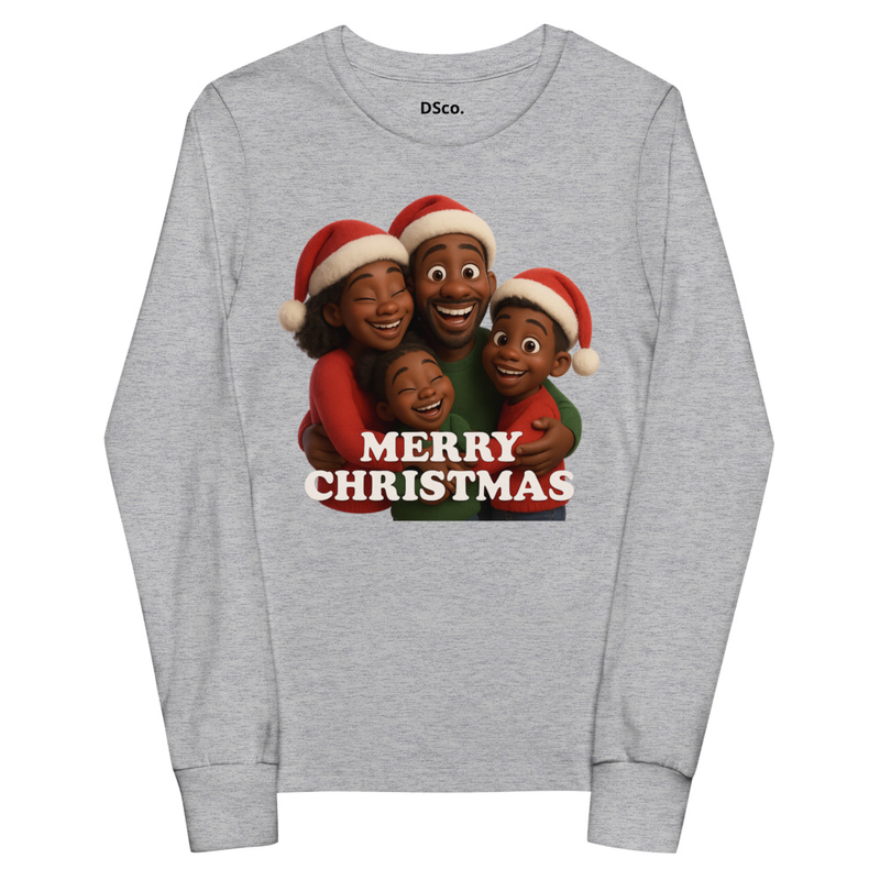 Youth long sleeve tee/ This heartwarming Pixar-style Christmas scene captures a joyful family wrapped up in holiday magic. With bright smiles, rosy cheeks, and cozy Santa hats, the family huddles toge