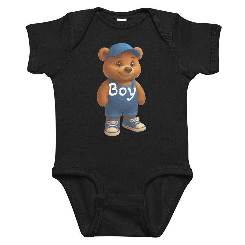 Infant bodysuit//Meet the cutest buddy you’ll ever wear! This adorable brown bear—rocking bright blue overalls, a matching cap, and little sneaker kicks—brings pure happiness to every outfit. With his