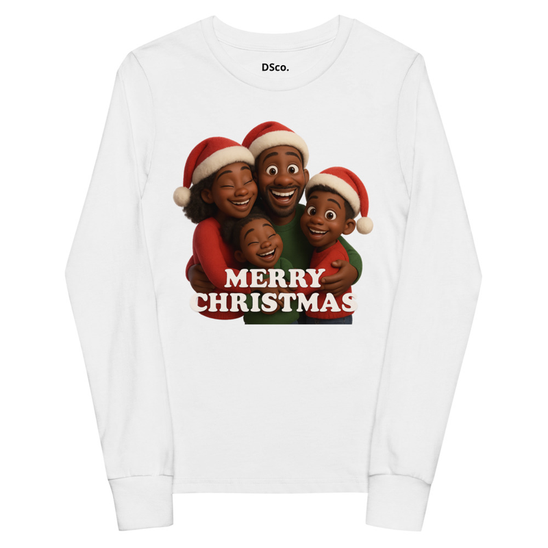 Youth long sleeve tee/ This heartwarming Pixar-style Christmas scene captures a joyful family wrapped up in holiday magic. With bright smiles, rosy cheeks, and cozy Santa hats, the family huddles toge