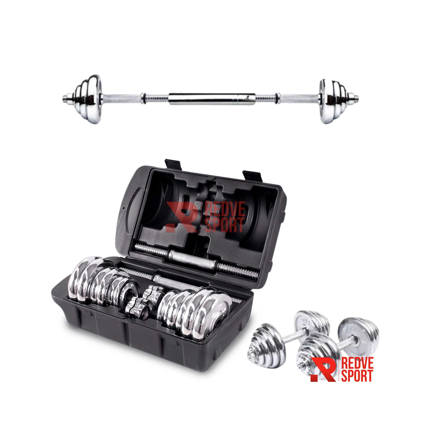 Set de mancuernas y barra olímpica