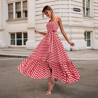Red and White Striped Maxi Dress