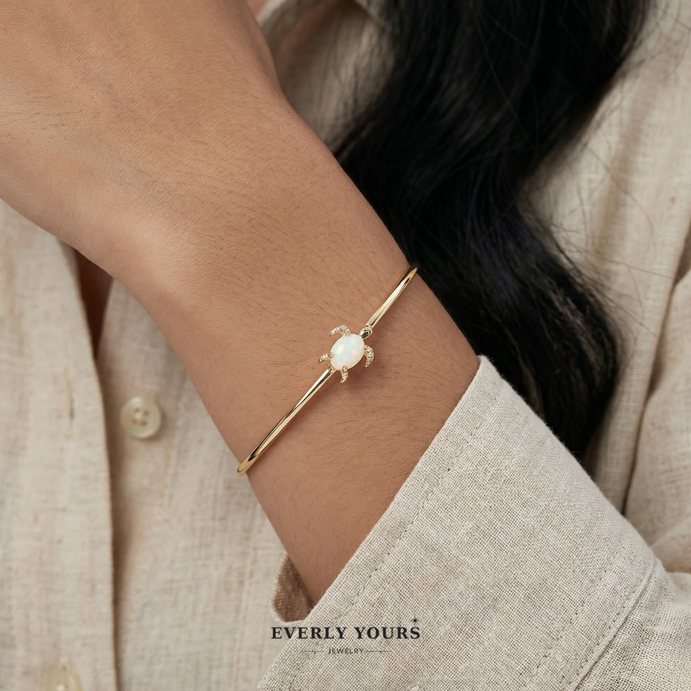 Sea Turtle Oval Opal Accent Gold Cuff Bracelet