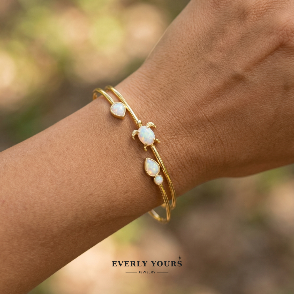Sea Turtle Oval Opal Accent Gold Cuff Bracelet