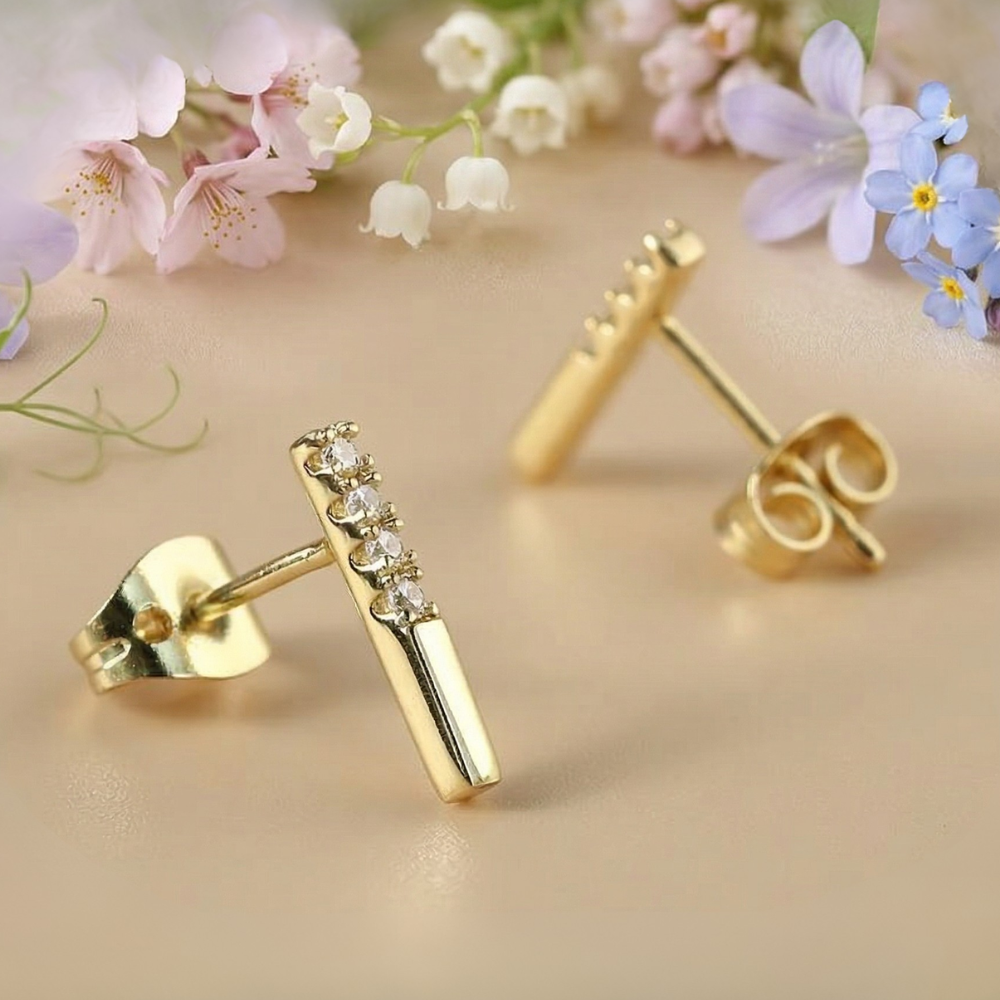 Minimalist CZ Gold Bar Studs