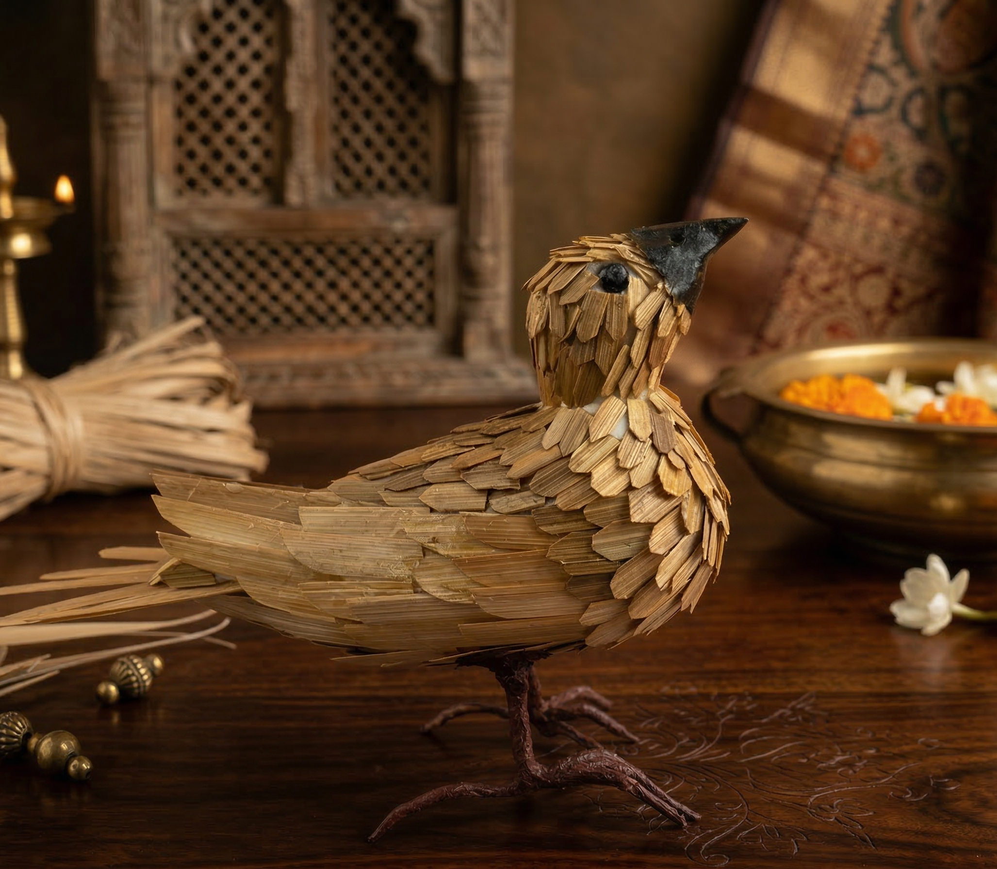 Handcrafted Straw Bird Sculpture